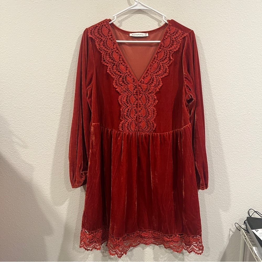 RusttyDustty size 0xl rusty orange red velvet dress long sleeve